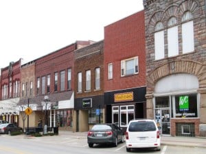 A row of brick buildings downtown.