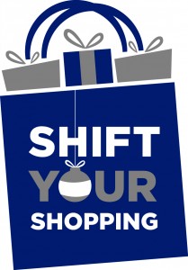 Shopping bag full of gifts says, "Shift Your Shopping." 