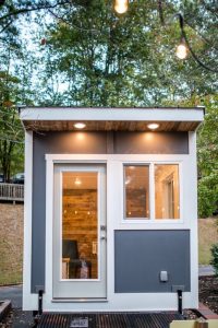 Exterior of the tiny office on wheels in a sleek modern design