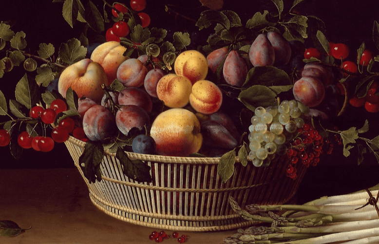Fine art painting of a still life with basket of fruit