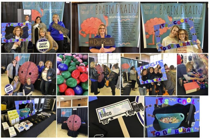 A collage of photos from the career day booth featuring brain drain info