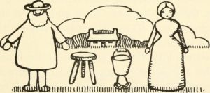 Old fashioned illustration of a farm couple with a three legged stool and milking pail