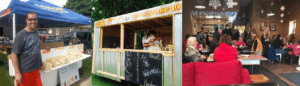 Kettle corn being sold from a stand in a yard, from a mobile trailer and from a coffee shop