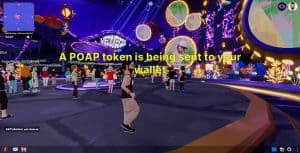 Screenshot from the Metaverse Festival captioned "A POAP token is being sent to your wallet"