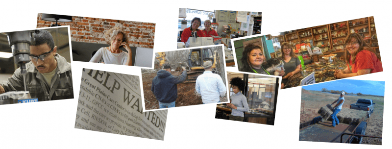 Photos of people in the rural workforce at various jobs, and a newspaper ad that says, "help wanted!"