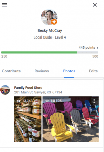 Screenshot of Becky's Google Local Guide page showing photos and a review of Family Food Store in Sawyer, Kansas