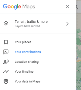 Screenshot of Google Maps menu with "Your contributions" highlighted