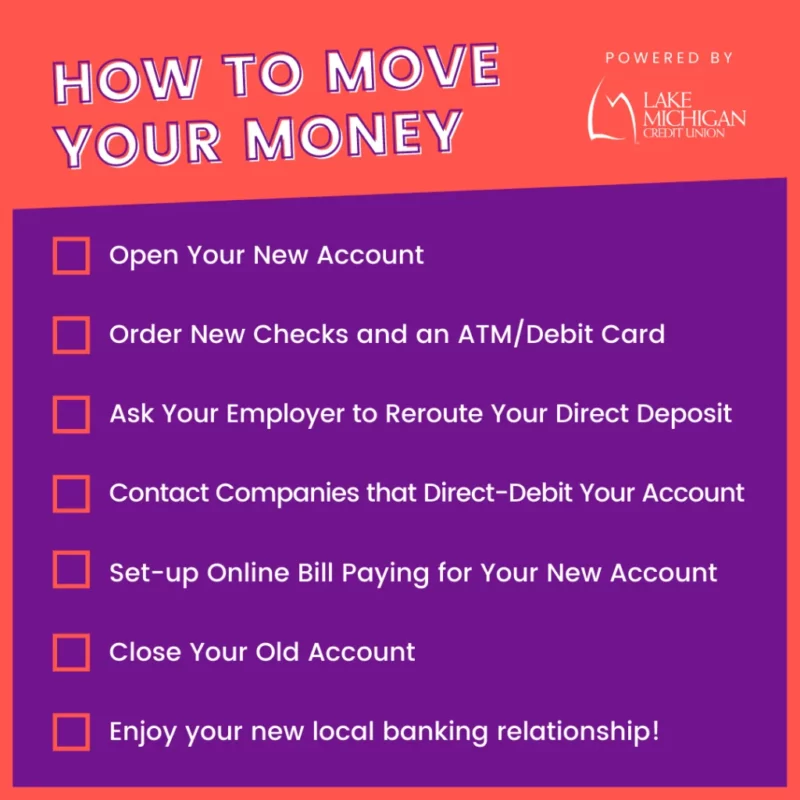 How to move your money: Open Your New Account at Your Chosen Community Bank or Credit UnionOrder New Checks and an ATM/Debit Card. Ask Your Employer to Reroute Your Direct Deposit. Contact Companies that Direct-Deposit Your Account. Set-up Online Bill Pay for Your New Account. Close Your Old Account. Enjoy Your New Local Banking Relationship!