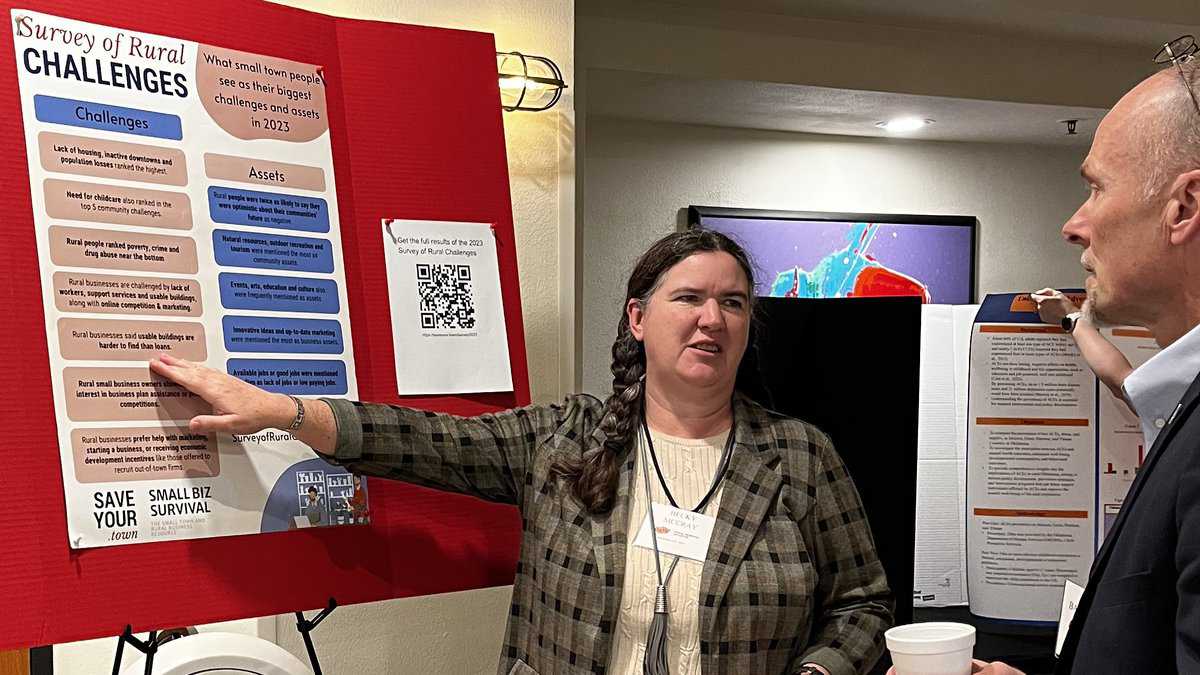 Becky McCray presents Survey of Rural Challenges to Dr. Mark Balschweid of University of Nebraska-Lincoln at the poster session at Oklahoma State University's Rural Renewal Symposium