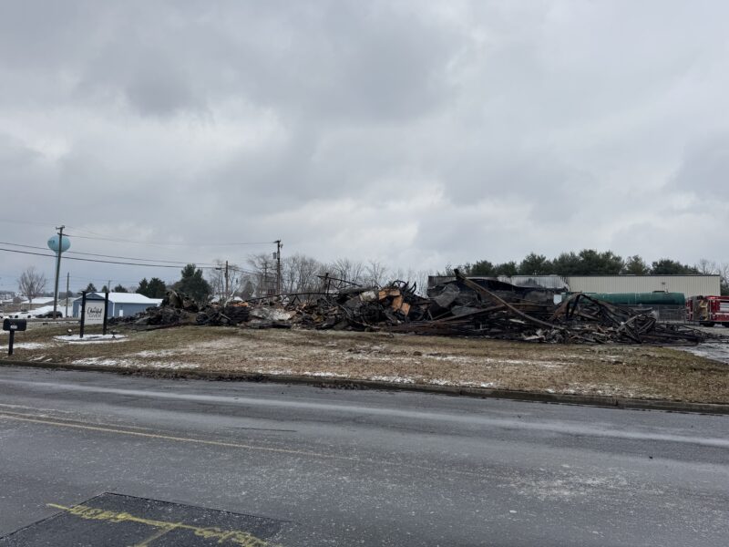 The remains of a burned factory building