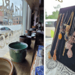 handmade pottery and jewelry from local microbusinesses displayed in a rural Main Street shop
