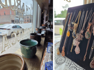 handmade pottery and jewelry from local microbusinesses displayed in a rural Main Street shop